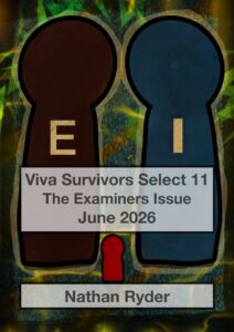 Cover of VSS11, The Examiners Issue, dated June 2026 and by Nathan Ryder. Two towering figures loom over a smaller figure; all are stylised as simple game pieces