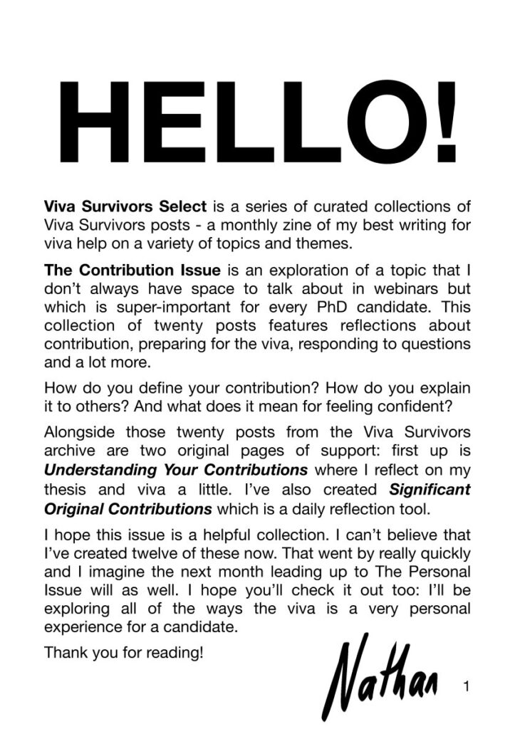 Page 1 of The Contribution Issue, titled HELLO! - an overview of the issue's contents