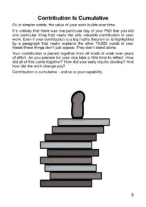 Page 3 of The Contribution Issue. A post titled "Contribution is Cumulative" takes up the first half followed by a black and white image showing a pawn character standing on top of a tower of blocks
