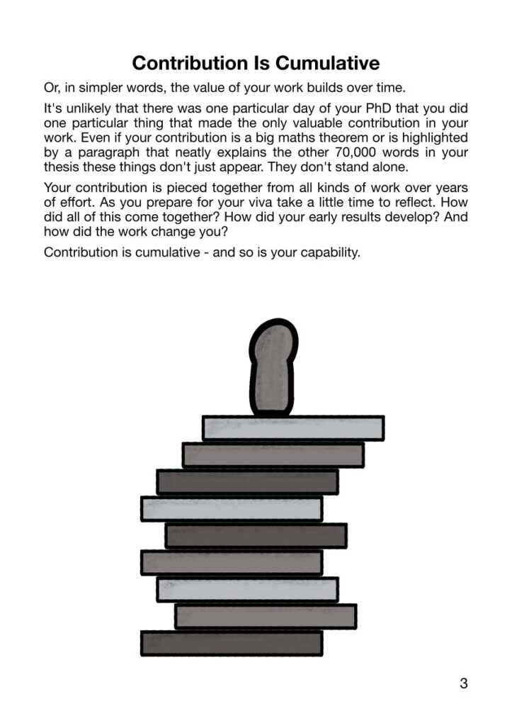 Page 3 of The Contribution Issue. A post titled "Contribution is Cumulative" takes up the first half followed by a black and white image showing a pawn character standing on top of a tower of blocks 
