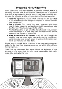 Page 7 of the issue. Titled "Preparing For A Video Viva", the first two-thirds of the page are the text of the blog post. The bottom third shows an illustration of a desktop setup for a video viva.